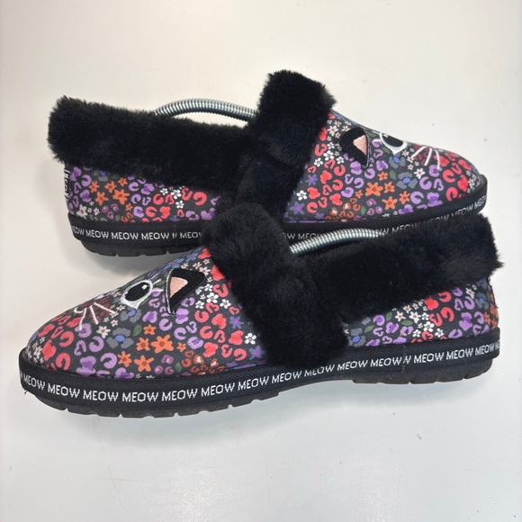 Skechers BOBS Too Cozy Meow Slippers Black Floral Leopard Cat Size 8 - Picture 7 of 12